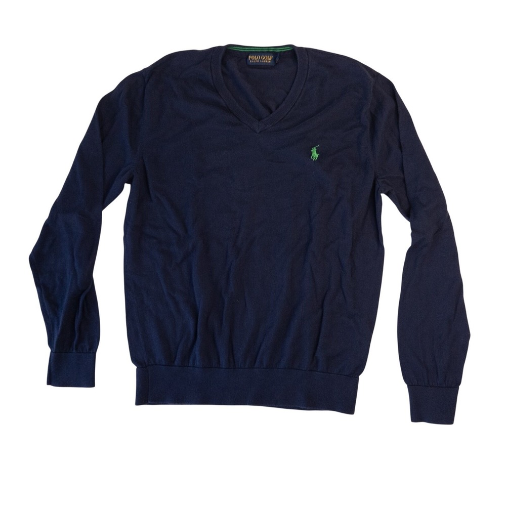 Polo Ralph Lauren Sweater M Pullover Knit Blue Long Sleeve V-Neck Green‎ Pony